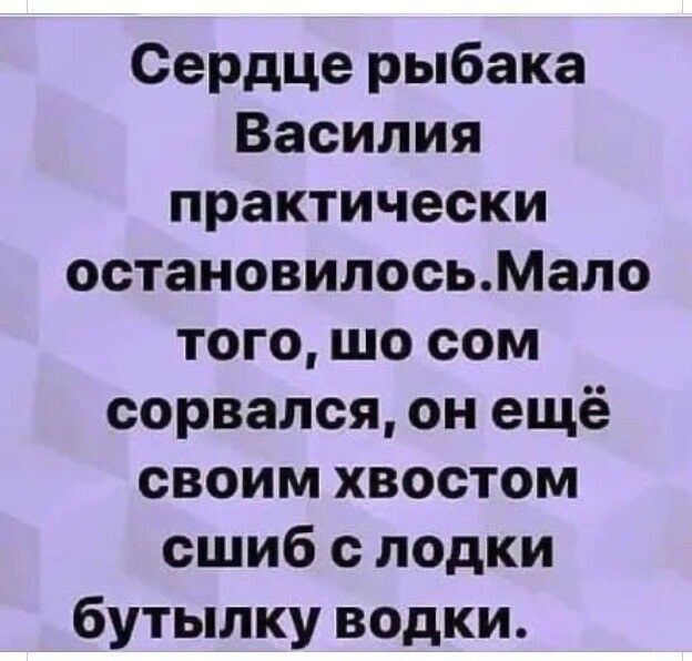 Сердце рыбака Василия практически остановилосьМало того шо сом сорвался он ещё своим хвостом сшиб с лодки бутылку водки