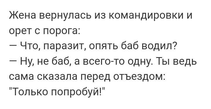 Жена вернулась из командировки и орет с порога Что паразит опять баб водил Ну не баб а всего то одну Ты ведь сама сказала перед отъездом Только попробуй