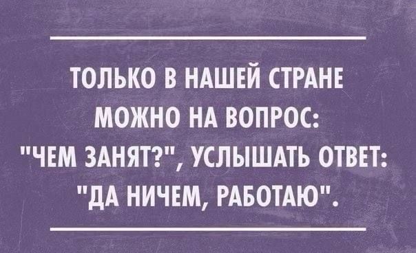 ТОЛЬКО В НАШЕЙ СТРАНЕ МОЖНО НА ВОПРОС ЧЕМ ЗАНЯТ УСЛЫШАТЬ ОТВЕТ ДА НИЧЕМ РАБОТАЮ