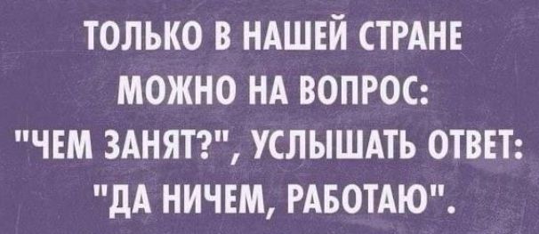 ТОЛЬКО В НАШЕЙ СТРАНЕ МОЖНО НА ВОПРОС ЧЕМ ЗАНЯТ УСЛЫШАТЬ ОТВЕТ ДА НИЧЕМ РАБОТАЮ