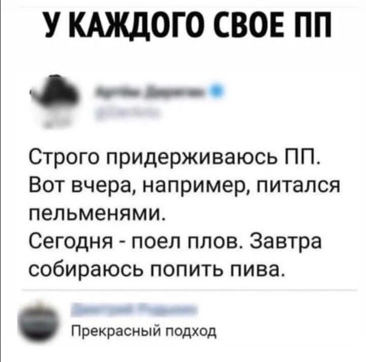 У КАЖДОГО СВОЕ ПП о Строго придерживаюсь ПП Вот вчера например питался пельменями Сегодня поел плов Завтра собираюсь попить пива Прекрасный подход