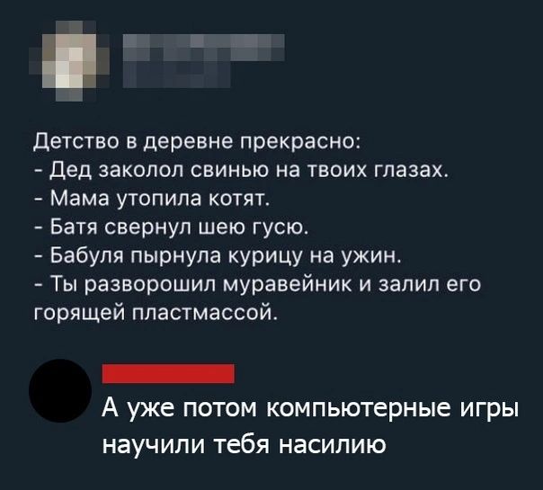 Е Детство в деревне прекрасно Дед заколол свинью на твоих глазах Мама утопила котят Батя свернул шею гусю Бабуля пырнула курицу на ужин Ты разворошил муравейник и залил его горящей пластмассой ооа А уже потом компьютерные игры научили тебя насилию