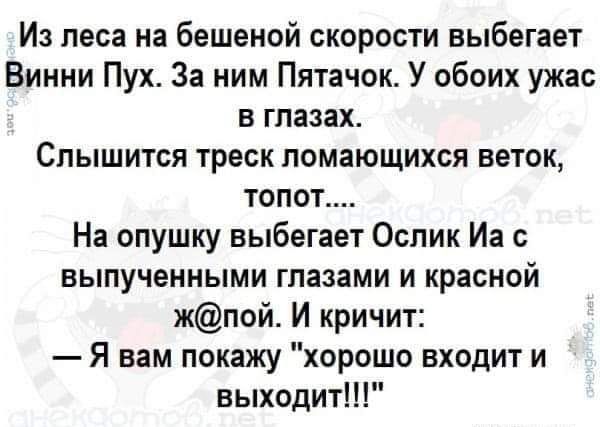 Из леса на бешеной скорости выбегает Винни Пух За ним Пятачок У обоих ужас в глазах Слышится треск ломающихся веток топот На опушку выбегает Ослик Иа с выпученными глазами и красной жпой И кричит Я вам покажу хорошо входит и выходит