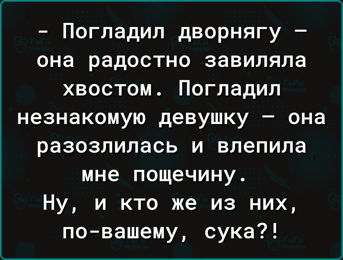 Погладил дворнягу она радостно завиляла хвостом Погладил незнакомую девушку она разозлилась и влепила мне пощечину Ну и кто же из них по вашему сука