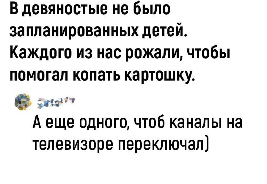 В девяностые не было запланированных детей Каждого из нас рожали чтобы помогал копать картошку еа Аеще одного чтоб каналы на телевизоре переключал