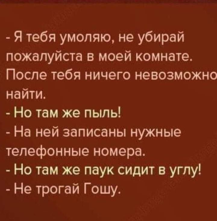 Я тебя умоляю не убирай пожалуйста в моей комнате После тебя ничего невозможно найти Но там же пыль На ней записаны нужные телефонные номера Но там же паук сидит в углу Не трогай Гошу