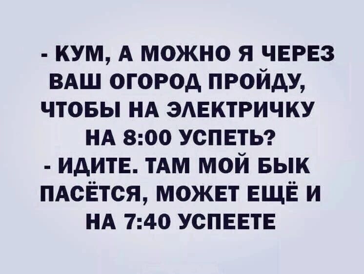 КУМ А МОЖНО Я ЧЕРЕЗ ВАШ ОГОРОД ПРОЙДУ ЧТОБЫ НА ЭЛЕКТРИЧКУ НА 800 УСПЕТЬ ИДИТЕ ТАМ МОЙ БЫК ПАСЁТСЯ МОЖЕТ ЕЩЁ И НА 740 УСПЕЕТЕ