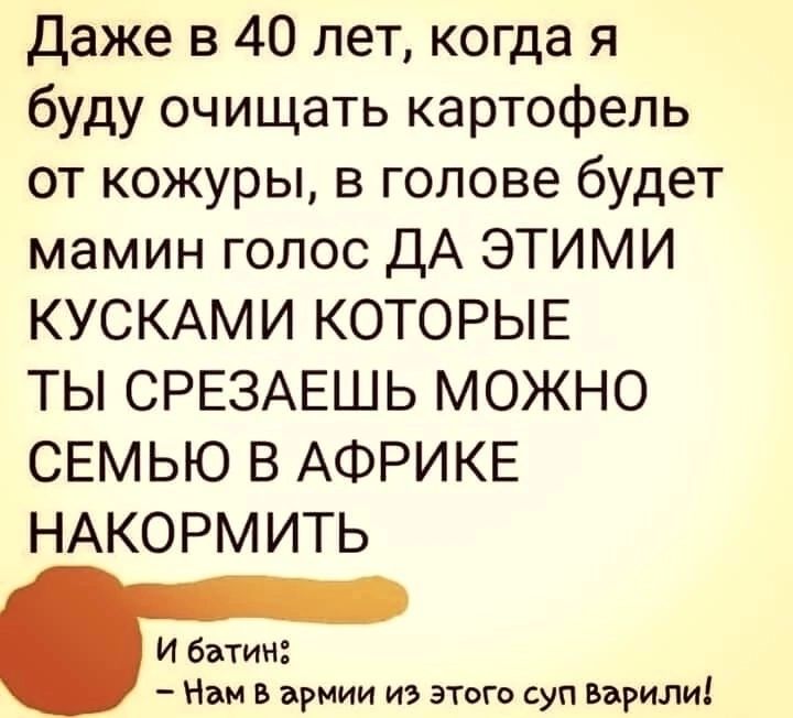 Даже в 40 лет когда я буду очищать картофель от кожуры в голове будет мамин голос ДА ЭТИМИ КУСКАМИ КОТОРЫЕ ТЫ СРЕЗАЕШЬ МОЖНО СЕМЬЮ В АФРИКЕ НАКОРМИТЬ И батин Чам В армии и этого суп Варили