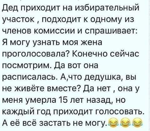 Дед приходит на избирательный участок подходит к одному из членов комиссии и спрашивает Я могу узнать моя жена проголосовала Конечно сейчас посмотрим Да вот она расписалась Ачто дедушка вы не живёте вместе Да нет она у меня умерла 15 лет назад но каждый год приходит голосовать Аеё всё застать не могу