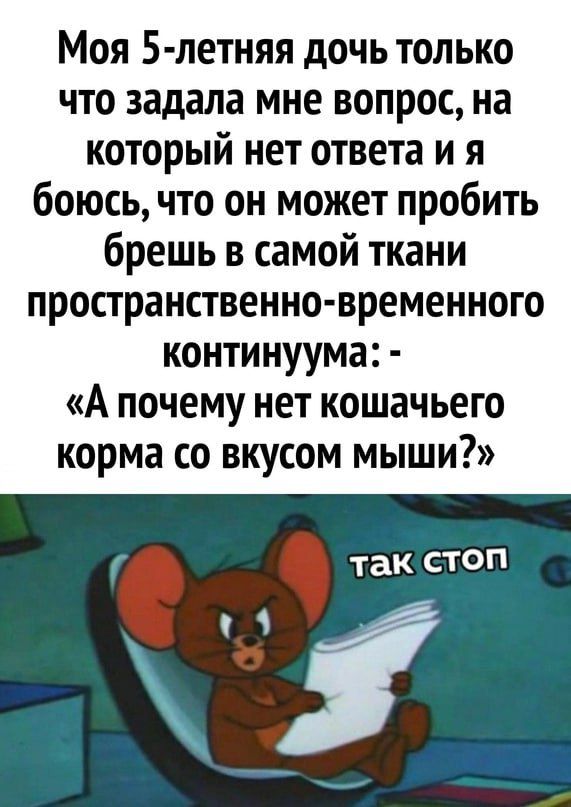 Моя 5 летняя дочь только что задала мне вопрос на который нет ответа и я боюсь что он может пробить брешь в самой ткани пространственно временного континуума А почему нет кошачьего корма со вкусом мыши