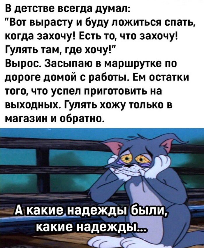 В детстве всегда думал Вот вырасту и буду ложиться спать когда захочу Есть то что захочу Гулять там где хочу Вырос Засыпаю в маршрутке по дороге домой с работы Ем остатки того что успел приготовить на выходных Гулять хожу только в магазин и обратно Акакиенадежды быпи какие надежды НГ