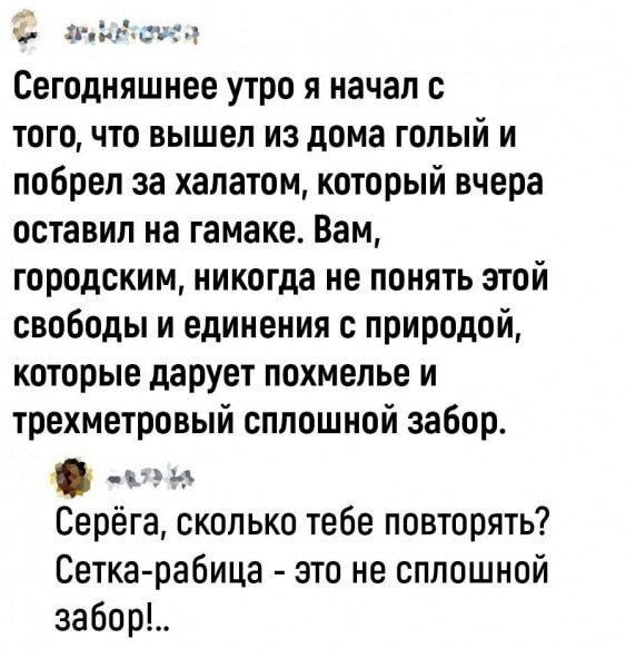 этеоа Сегодняшнее утро я начал с того что вышел из дома голый и побрел за халатом который вчера оставил на гамаке Вам городским никогда не понять этой свободы и единения с природой которые дарует похмелье и трехметровый сплошной забор Серёга сколько тебе повторять Сетка рабица это не сплошной забор