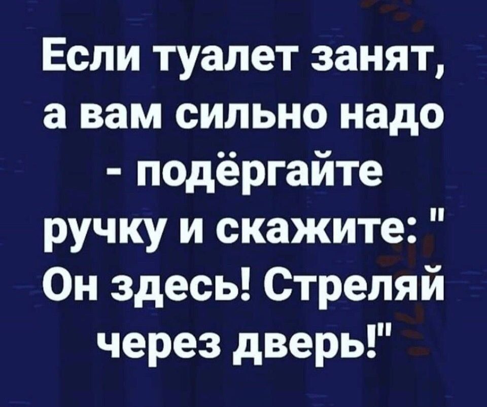 Если туалет занят а вам сильно надо подёргайте ручку и скажите Он здесь Стреляй через дверь