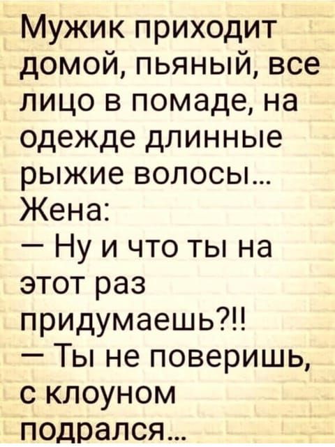 Мужик приходит домой пьяный все лицо в помаде на одежде длинные рыжие волосы Жена Ну и что ты на этот раз придумаешь Ты не поверишь с клоуном подрался