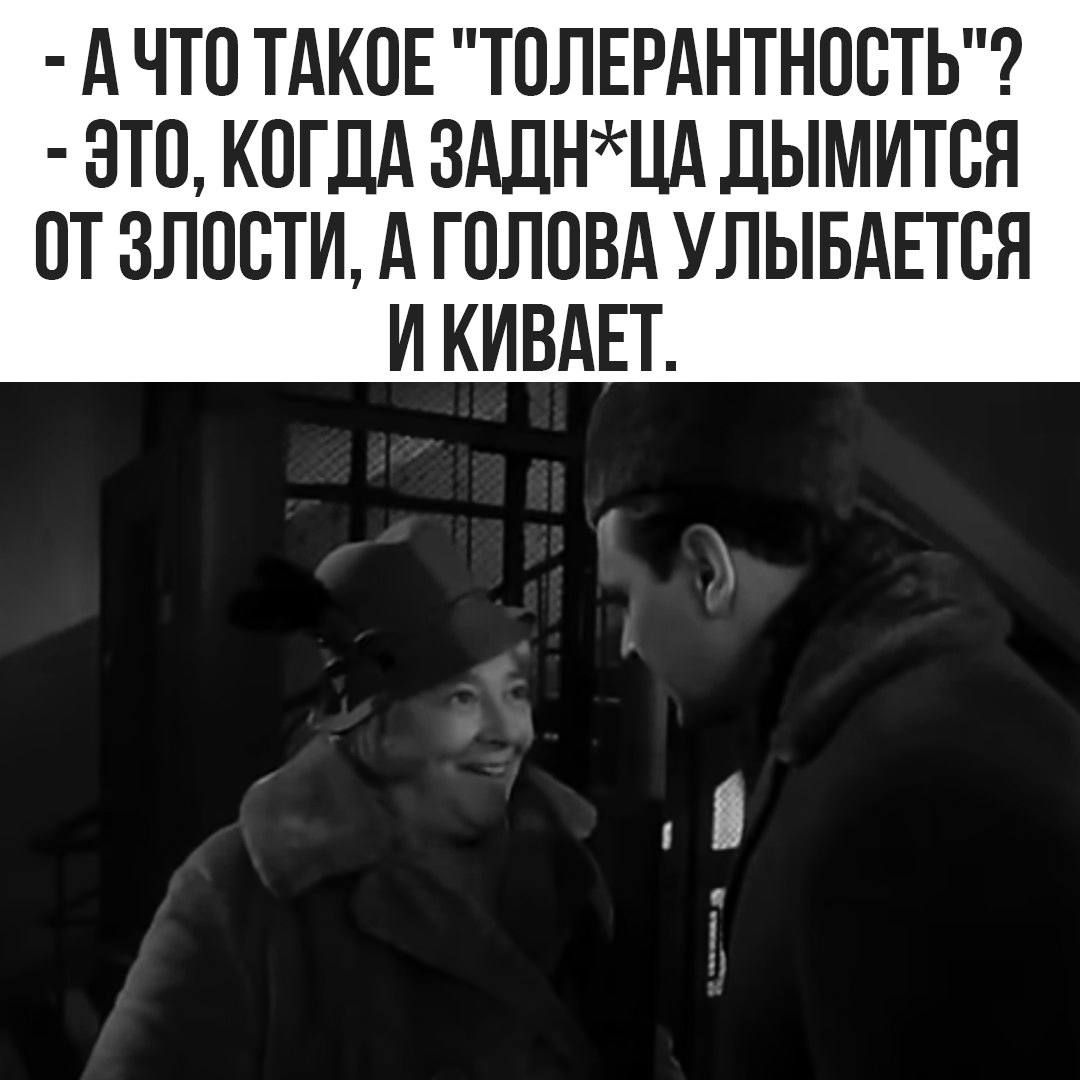 АЧТО ТАКОЕ ТОЛЕРАНТНОСТЬ ЭТО КОГДА ЗАДНЦА ДЫМИТСЯ ОТ ЗЛОСТИ А ГОЛОВА УЛЬБАЕТСЯ И КИВАЕТ