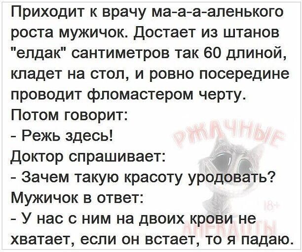 Приходит к врачу ма а а аленького роста мужичок Достает из штанов елдак сантиметров так 60 длиной кладет на стол и ровно посередине проводит фломастером черту Потом говорит Режь здесь Доктор спрашивает Зачем такую красоту уродовать Мужичок в ответ У нас с ним на двоих крови не хватает если он встает то я падаю