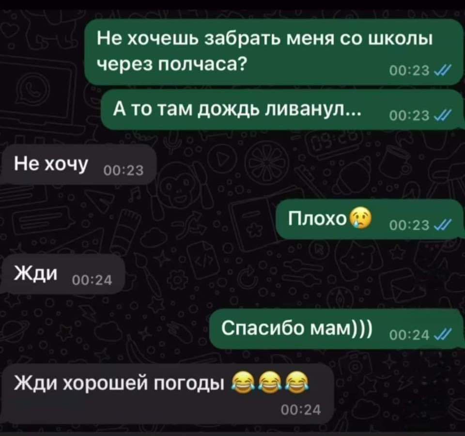 Не хочешь забрать меня со школы через полчаса 0023 Ато там дождь ливанул 0023 Не хочу о023 Плохо о23 Жди оо2а Спасибо мам _ со24 Жди хорошей погоды 0024