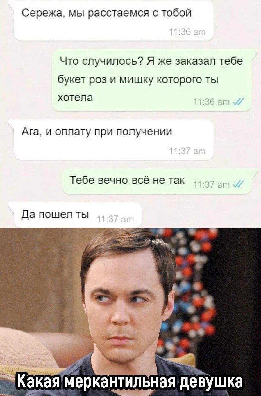 Сережа мы расстаемся с тобой Что случилось Я же заказал тебе букет роз и мишку которого ты хотела Ага и оплату при получении Тебе вечно всё не так Да пошел ты
