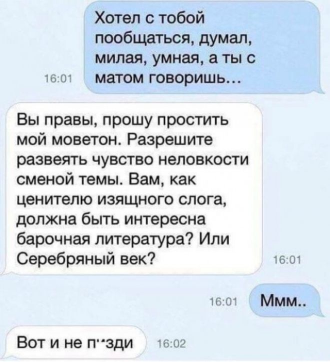 Хотел с тобой пообщаться думал милая умная а ты с 16от матом говоришь Вы правы прошу простить мой моветон Разрешите развеять чувство неловкости сменой темы Вам как ценителю изящного слога должна быть интересна барочная литература Или Серебряный век 1601 Вот и не пзди 1602