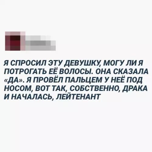 Я СПРОСИЛ ЭТУ ДЕВУШКУ МОГУ ЛИ Я ПОТРОГАТЬ ЕЁ ВОЛОСЫ ОНА СКАЗАЛА ДА Я ПРОВЁЛ ПАЛЬЦЕМ У НЕЁ ПОД НОСОМ ВОТ ТАК СОБСТВЕННО ДРАКА И НАЧАЛАСЬ ЛЕЙТЕНАНТ