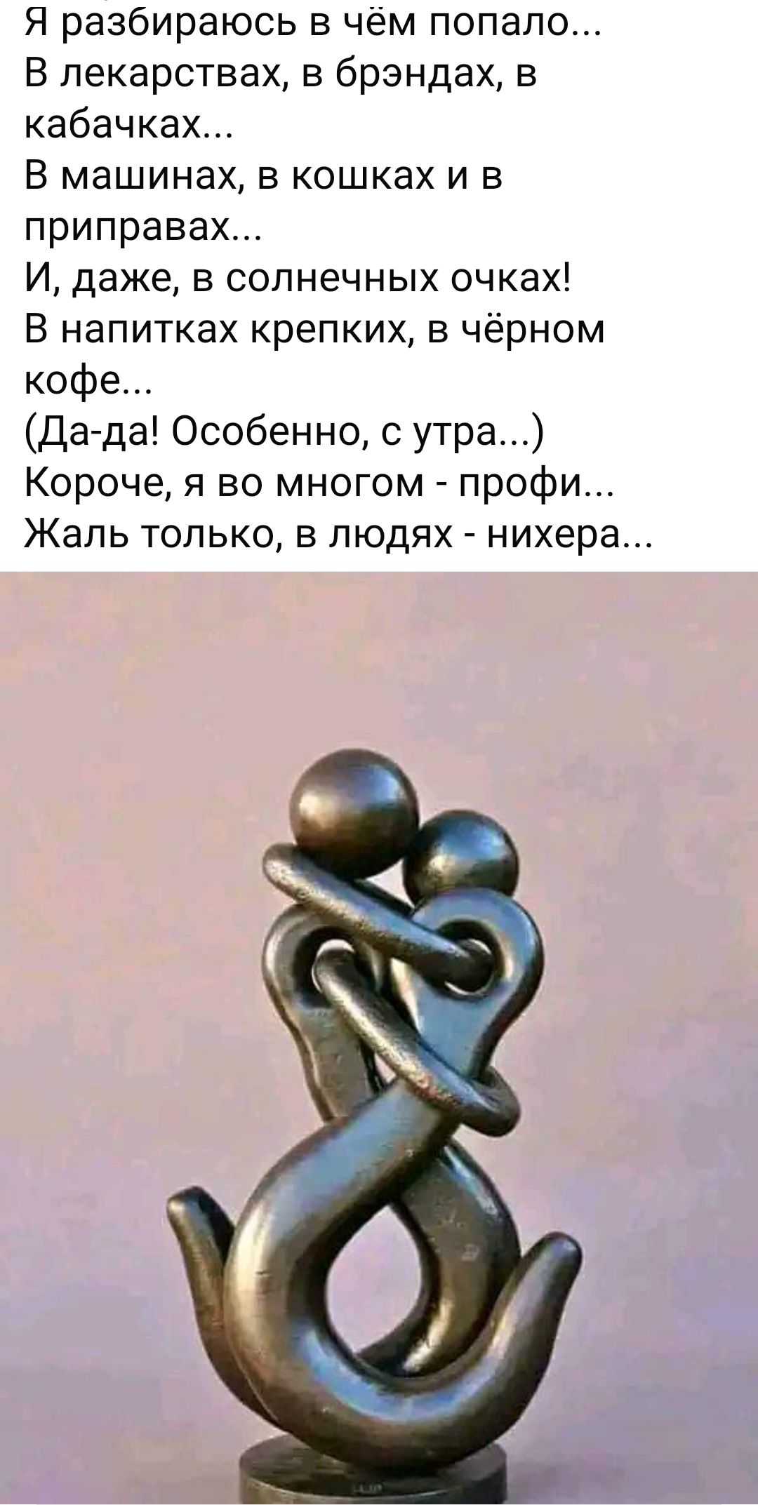 Я разбираюсь в чём попало В лекарствах в брэндах в кабачках В машинах в кошках и в приправах И даже в солнечных очках В напитках крепких в чёрном кофе Да да Особенно с утра Короче я во многом профи Жаль только в людях нихера
