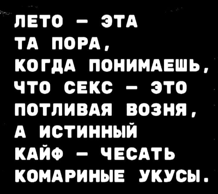 ЛЕТО ЭТА ТА ПОРА КОГДА ПОНИМАЕШЬ ЧТтоО СЕКС ЭТО ПОТЛИВАЯ ВОЗНЯ А ИСТИННЫЙ КАЙФ ЧЕСАТЬ КОМАРИНЫЕ УКУСЫ