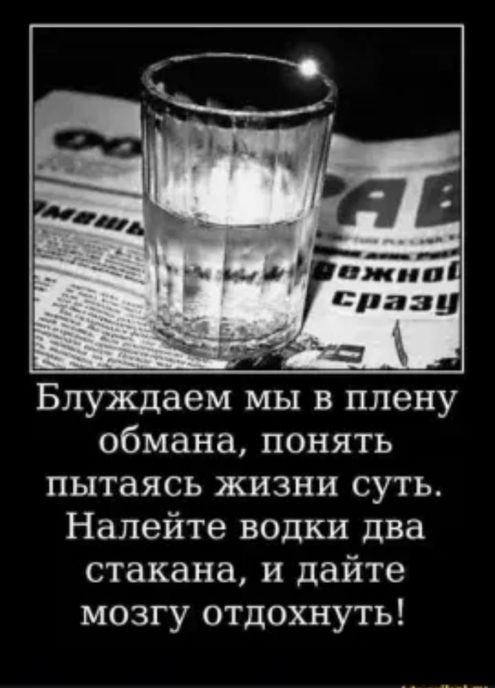 Блуждаем мы в плену обмана понять пытаясь жизни суть Налейте водки два стакана и дайте мозгу отдохнуть