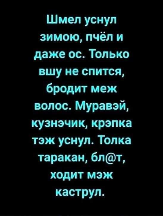 Шмел уснул зимою пчёл и даже ос Только вшу не спится бродит меж волос Муравэй кузнэчик крэпка тэж уснул Толка таракан блт ходит мэж каструл