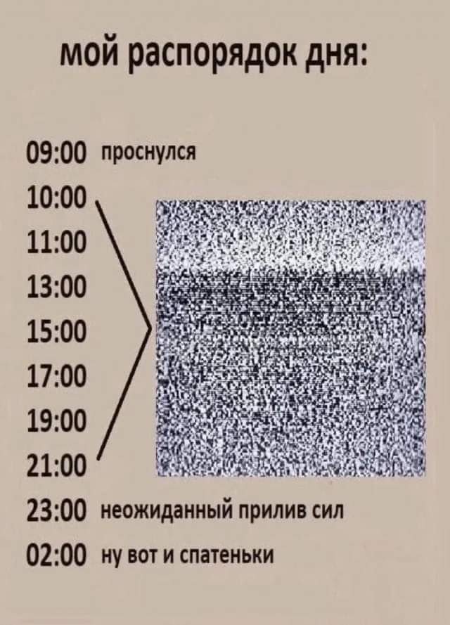 мой распорядок дня 0900 проснулся 1000 1100 1300 1500 1700 1900 2100 2300 неожиданный прилив сил 0200 нувоти спатеньки