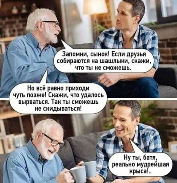 Запомни сынок Если друзья собираются на шашлыки скажи что ты не сможеш Но всё равно приходи чуть позже Скажи что удалось вырваться Так ты сможешь не скидываться Ну ты батя реально мудрейшая крыса
