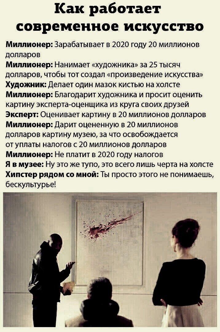 Как работает современное искусство Миллионер Зарабатывает в 2020 году 20 миллионов долларов Миллионер Нанимает художника за 25 тысяч долларов чтобы тот создал произведение искусства Художник Делает один мазок кистью на холсте Миллионер Благодарит художника и просит оценить картину эксперта оценщика из круга своих друзей Эксперт Оценивает картину в 20 миллионов долларов Миллионер Дарит оцененную в 