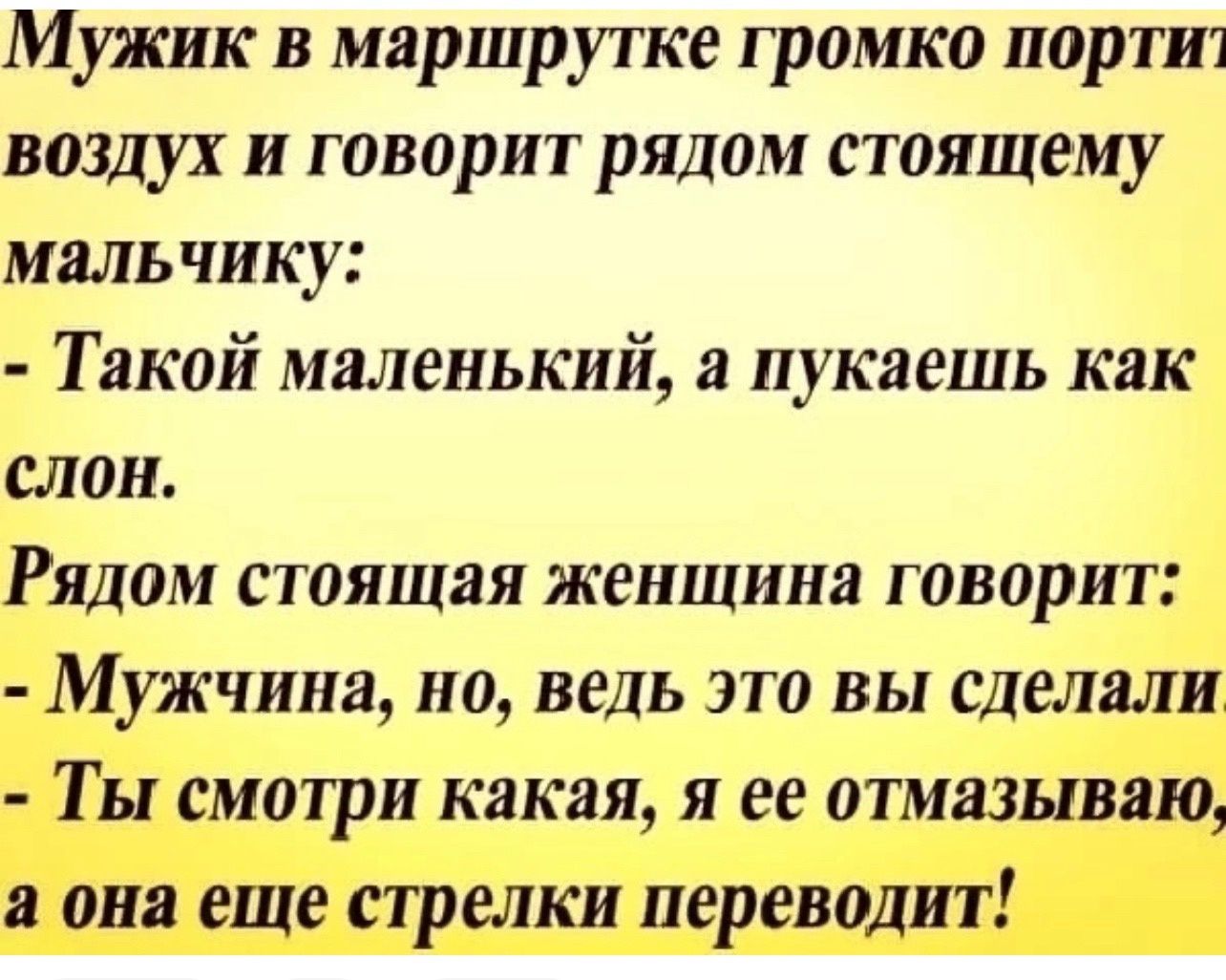 Мужик в маршрутке громко портит воздух и говорит рядом стоящему мальчику Такой маленький а пукаешь как слон Рядом стоящая женщина говорит Мужчина но ведь это вы сделали Ты смотри какая я ее отмазываю а она еще стрелки переводит