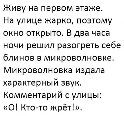 Живу на первом этаже На улице жарко поэтому окно открыто В два часа ночи решил разогреть себе блинов в микроволновке Микроволновка издала характерный звук Комментарий с улицы О Кто то жрёт