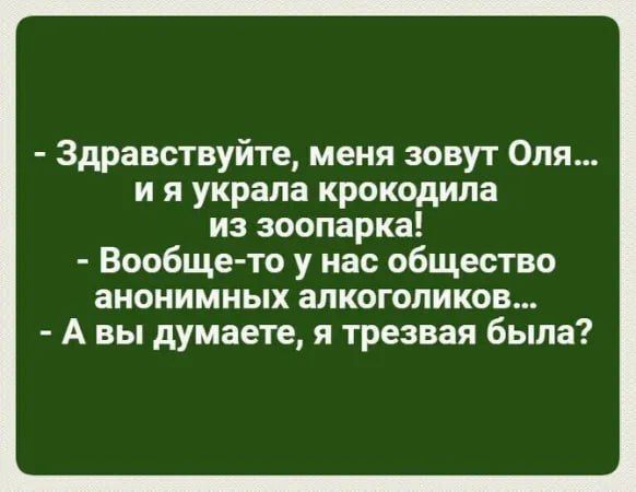 Здравствуйте меня зовут Оля ия украла крокодила из зоопарка Вообще то у нас общество анонимных алкоголиков Авы думаете я трезвая была