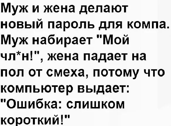 Муж и жена делают новый пароль для компа Муж набирает Мой члн жена падает на пол от смеха потому что компьютер выдает Ошибка слишком короткий