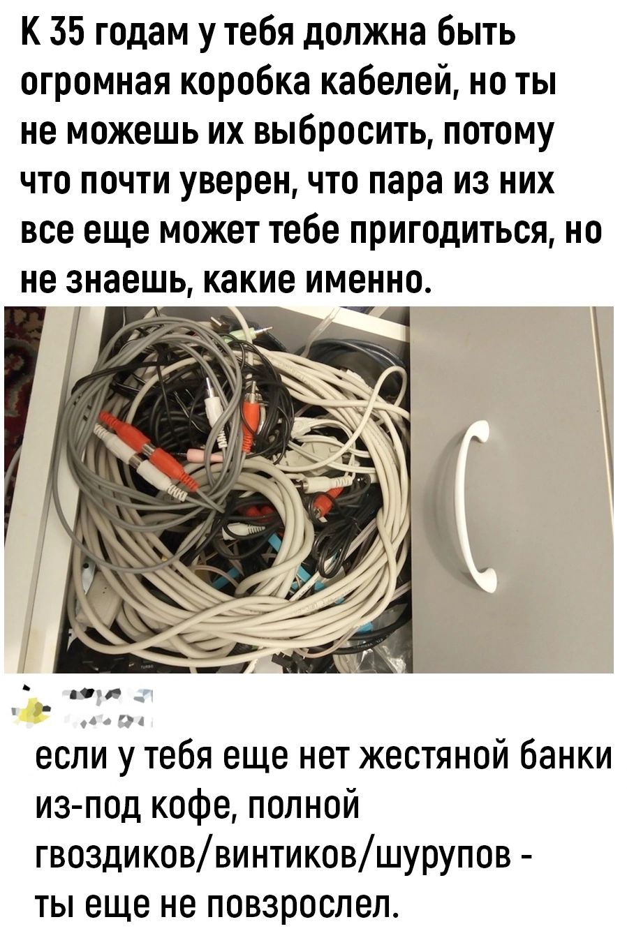 К 35 годам у тебя должна быть огромная коробка кабелей но ты не можешь их выбросить потому что почти уверен что пара из них все еще может тебе пригодиться но не знаешь какие именно ы ч если у тебя еще нет жестяной банки из под кофе полной гвоздиковвинтиковшурупов ты еще не повзрослел