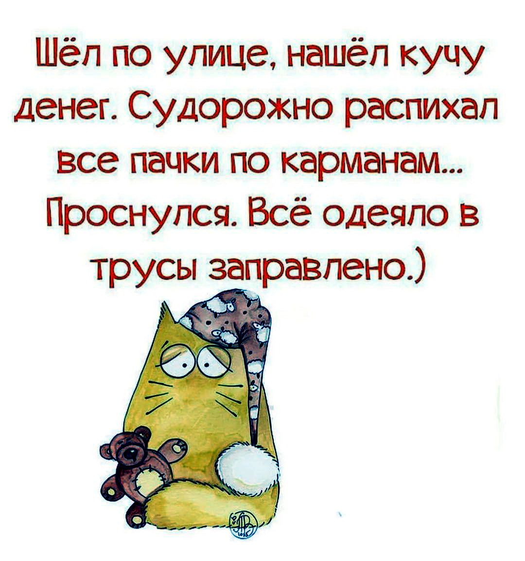 Шёл по улице нашёл кучу денег Судорожно распихал все печки по карманам Проснулся Всё одеяло в трусы заправлено