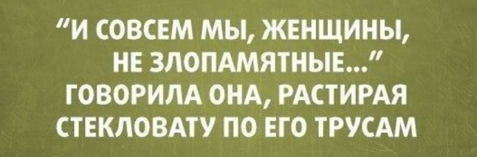 И СОВСЕМ МЫ ЖЕНЩИНЫ НЕ ЗЛОПАМЯТНЫЕ ГОВОРИЛА ОНА РАСТИРАЯ СТЕКЛОВАТУ ПО ЕГО ТРУСАМ