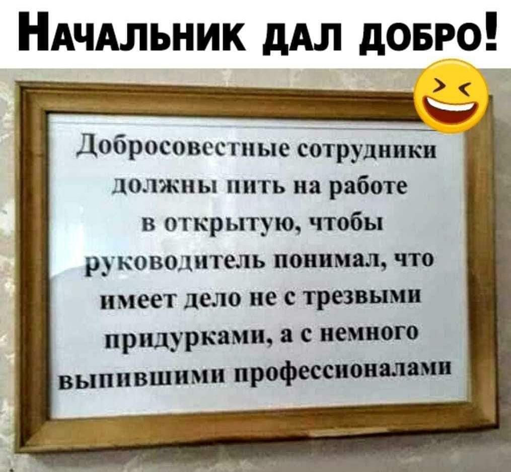 НАЧАЛЬНИК ДАЛ ДОБРО Добросовестные сотудипш должны пить на работе в открытую чтобы руководитель понимал что имеет дело не с трезвыми придурками а с немного выпившими профессионалами