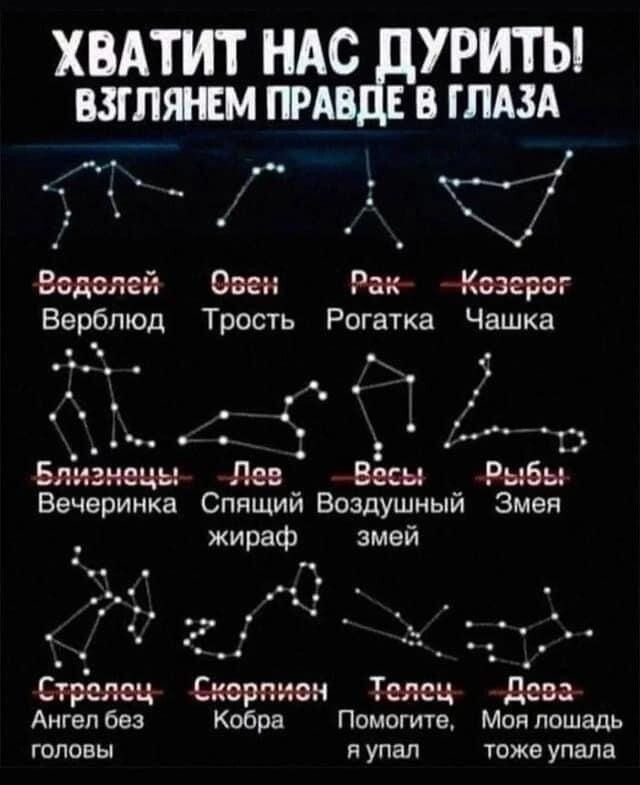 ХВАТИТ НАС ДУРИТЫ ВЗГЛЯНЕМ ПРАВДЕ В ГЛАЗА и ча с ЧВЕОЩО 7 Р Й Водслей Овен Рак Козерог Верблюд Трость Рогатка Чашка Н Лев Весы Вечеринка Спящий Воздушный Змея жираф змей Скорлион Телец Дева Ангел без Кобра Помогите Моя лошадь головы яупал тоже упала