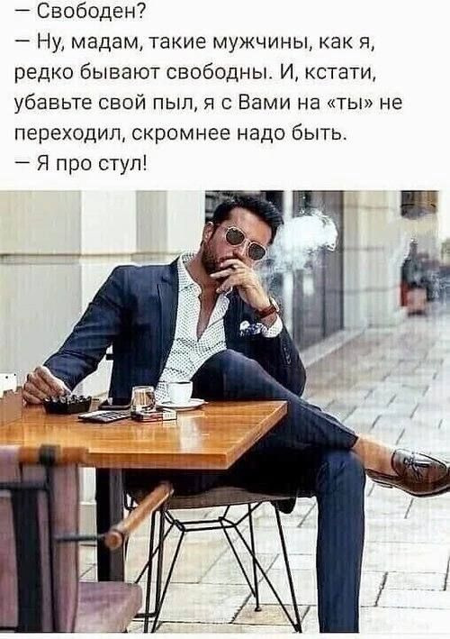 Свободен Ну мадам такие мужчины как я редко бывают свободны И кстати убавьте свой пыл я с Вами на ты не переходил скромнее надо быть Я про стул