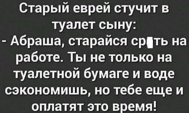 Старый еврей стучит в туалет сыну Абраша старайся сруть на работе Ты не только на туалетной бумаге и воде сэкономишь но тебе еще и оплатят это время