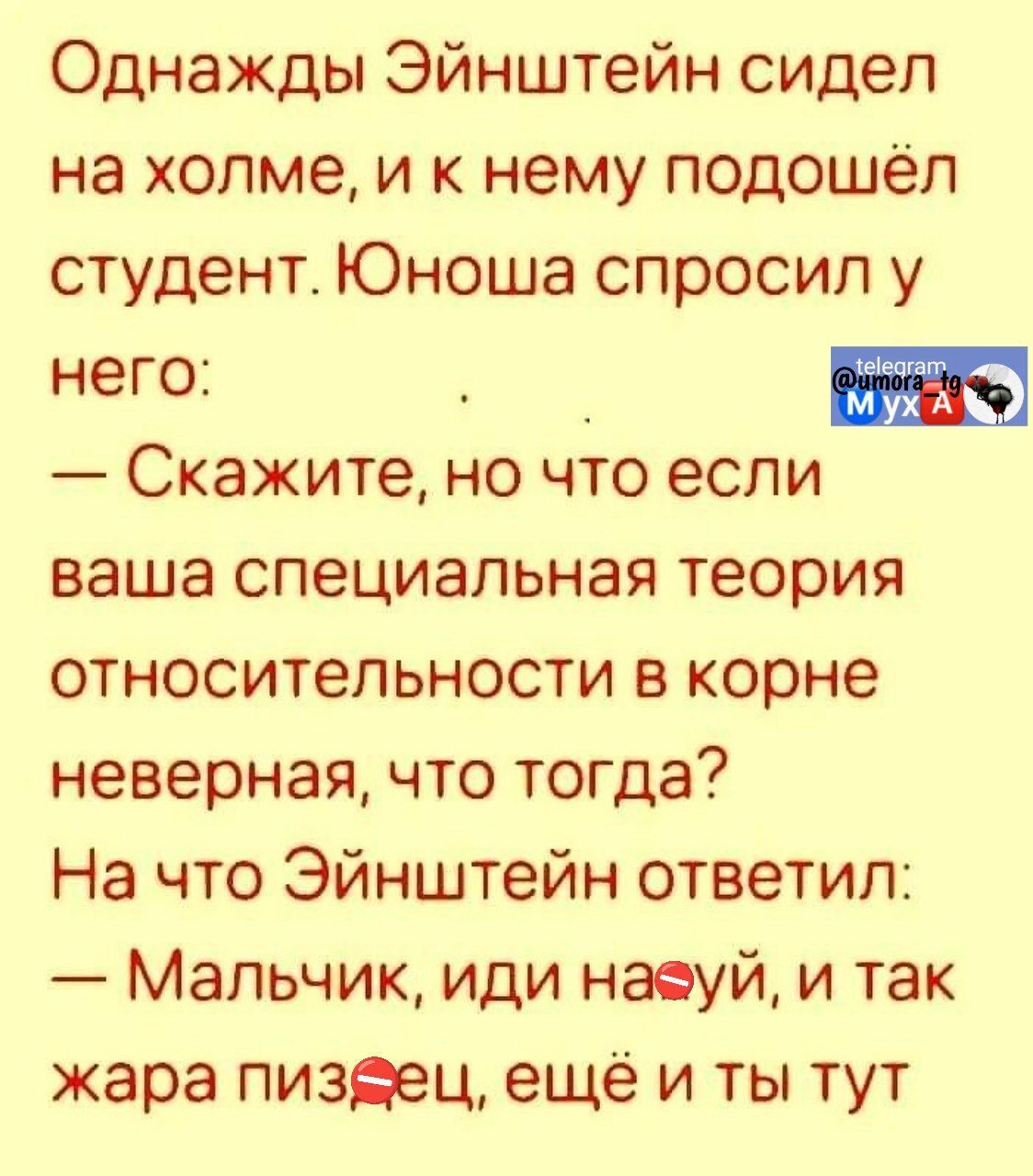 Однажды Эйнштейн сидел на холме и к нему подошёл студент Юноша спросил у него и Скажите но что если ваша специальная теория относительности в корне неверная что тогда На что Эйнштейн ответил Мальчик иди наеуй и так жара пизеец ещё и ты тут