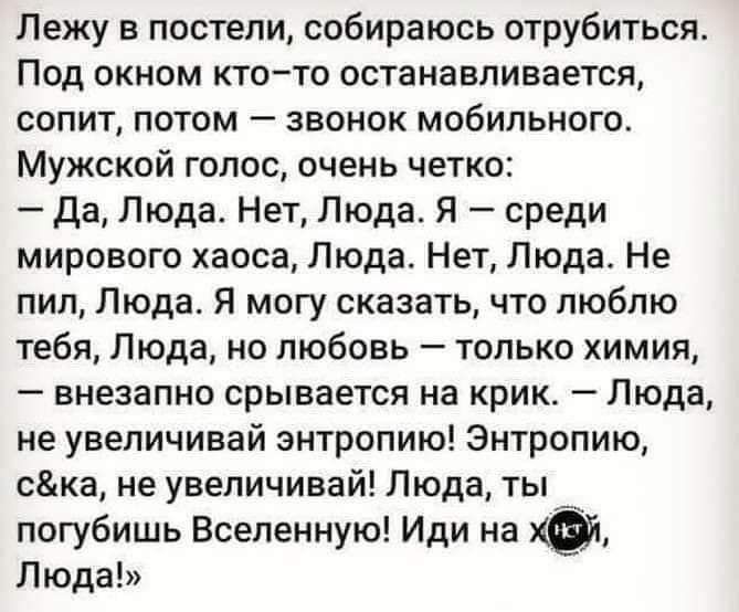 Лежу в постели собираюсь отрубиться Под окном кто то останавливается сопит потом звонок мобильного Мужской голос очень четко Да Люда Нет Люда Я среди мирового хаоса Люда Нет Люда Не пил Люда Я могу сказать что люблю тебя Люда но любовь только химия внезапно срывается на крик Люда не увеличивай энтропию Энтропию ска не увеличивай Люда ты погубишь Вселенную Иди на Люда