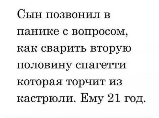 Сын позвонил в панике с вопросом как сварить вторую половину спагетти которая торчит из кастрюли Ему 21 год