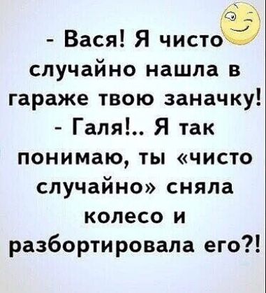 о Вася Я чисто случайно нашла в гараже твою заначку Галя Я так понимаю ты чисто случайно сняла колесо и разбортировала его