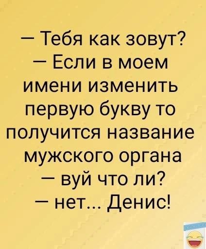 Тебя как зовут Если в моем имени изменить первую букву то получится название мужского органа вуй что ли нет Денис