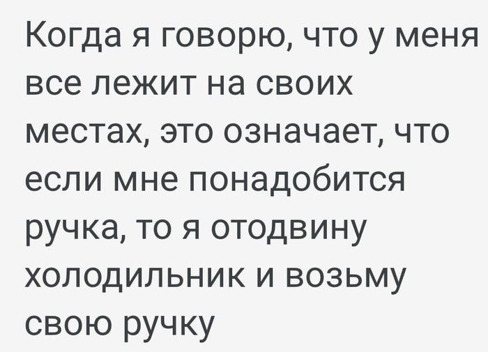 Когда я говорю что у меня все лежит на своих местах это означает что если мне понадобится ручка то я отодвину холодильник и возьму свою ручку