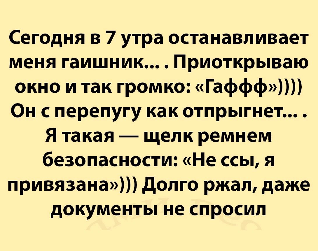 Сегодня в 7 утра останавливает меня гаишник Приоткрываю окно и так громко Гаффф Он сперепугу как отпрыгнет Я такая щелк ремнем безопасности Не ссы я привязана Долго ржал даже документы не спросил