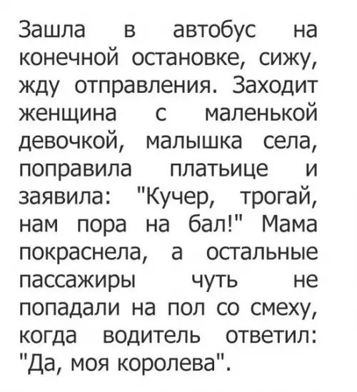 Зашла в автобус на конечной остановке сижу жду отправления Заходит женщина с маленькой девочкой малышка села поправила платьице и заявила Кучер трогай нам пора на бал Мама покраснела а остальные пассажиры чуть не попадали на пол со смеху когда водитель ответил Да моя королева